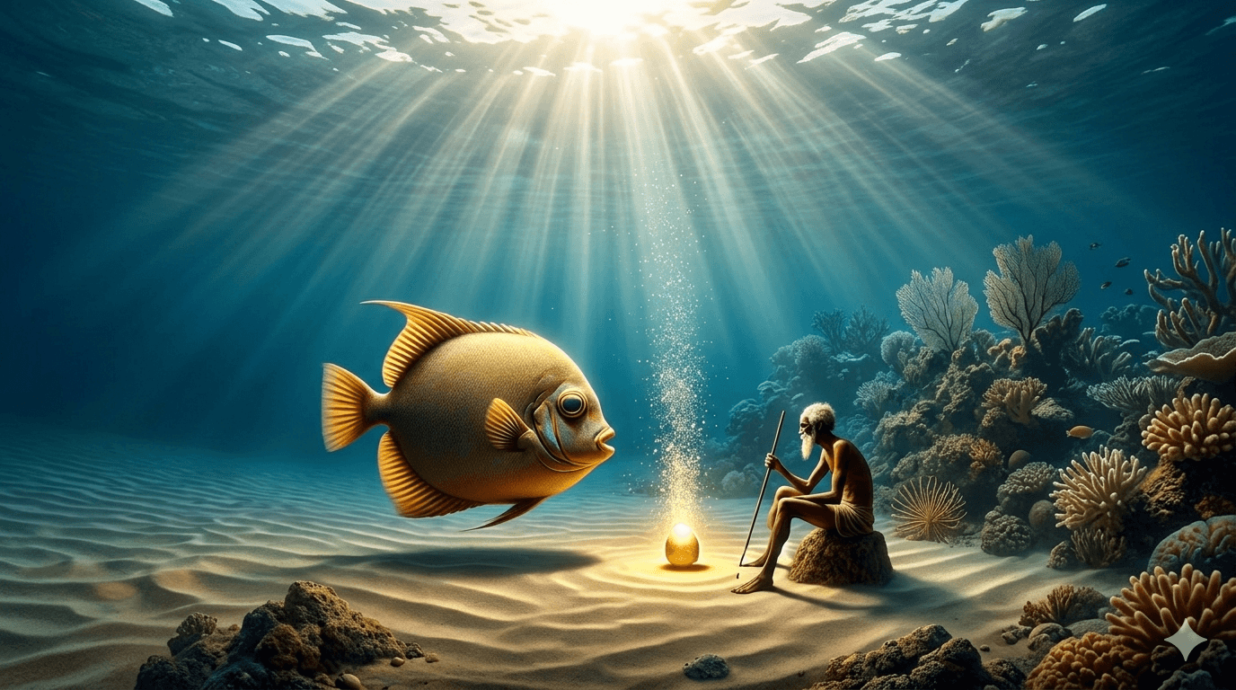 A golden fish facing an old fisherman seated on the seabed, a glowing golden egg between them